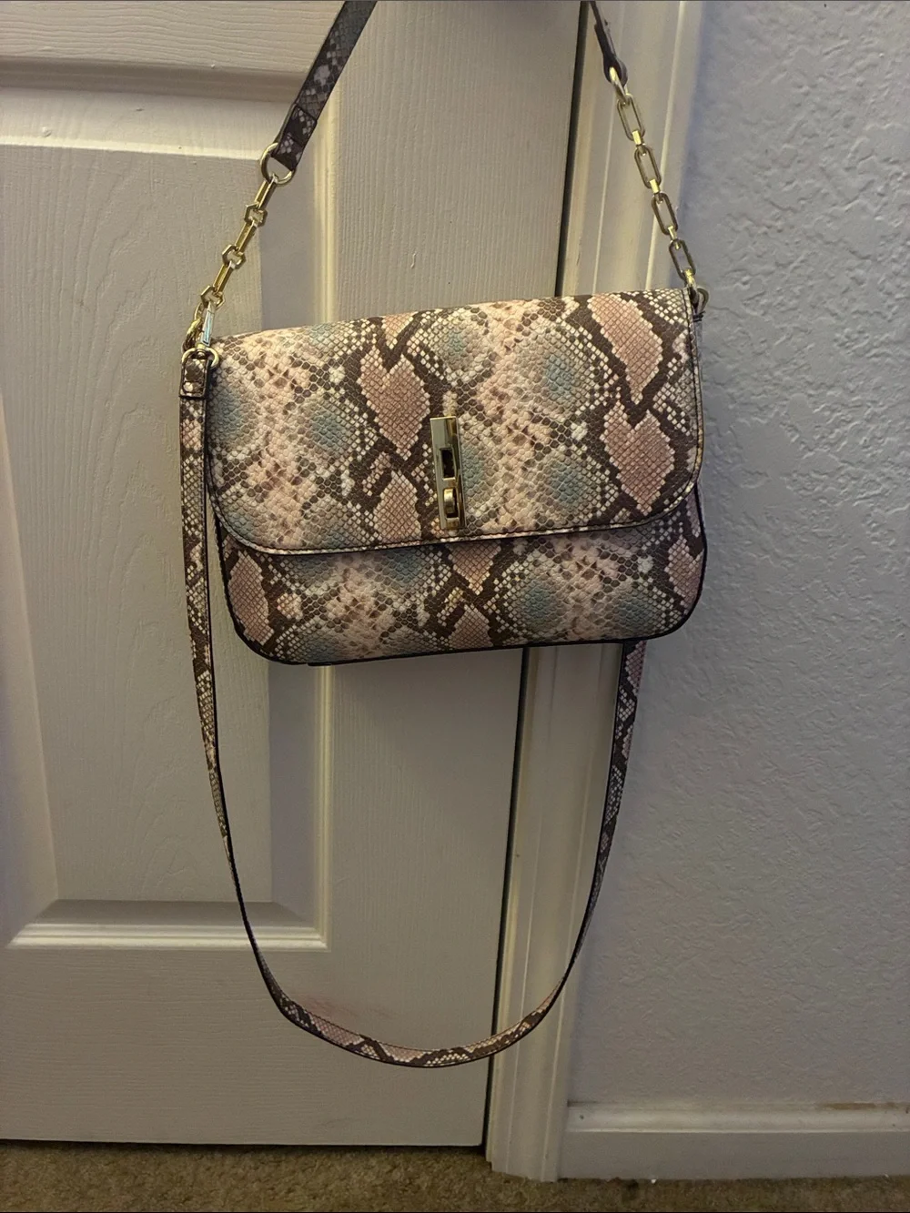 Snake-Print Crossbody Shoulder Bag in Pink and Beige